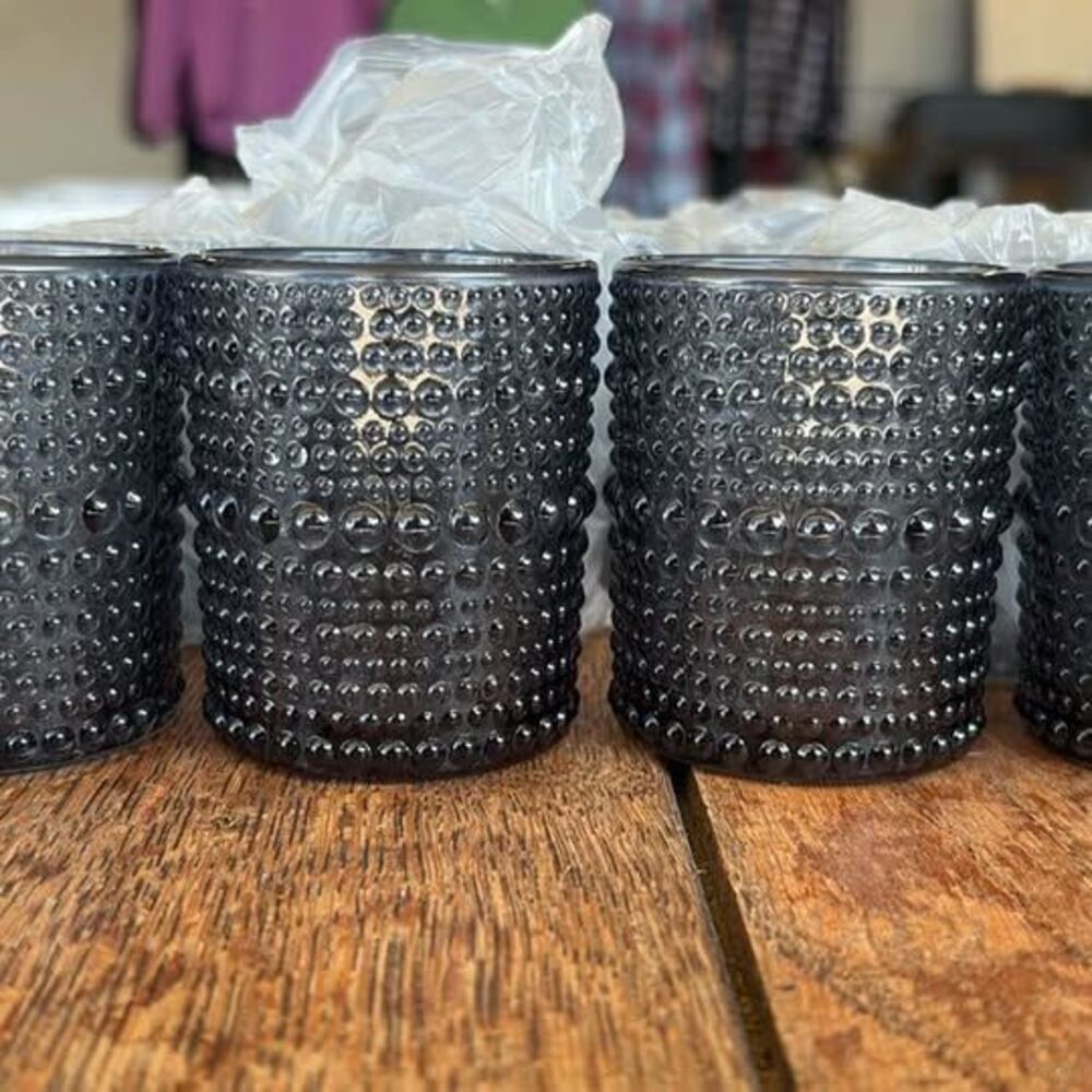 Set of 12 Smoke Grey Hobnail Glass Votive Holders